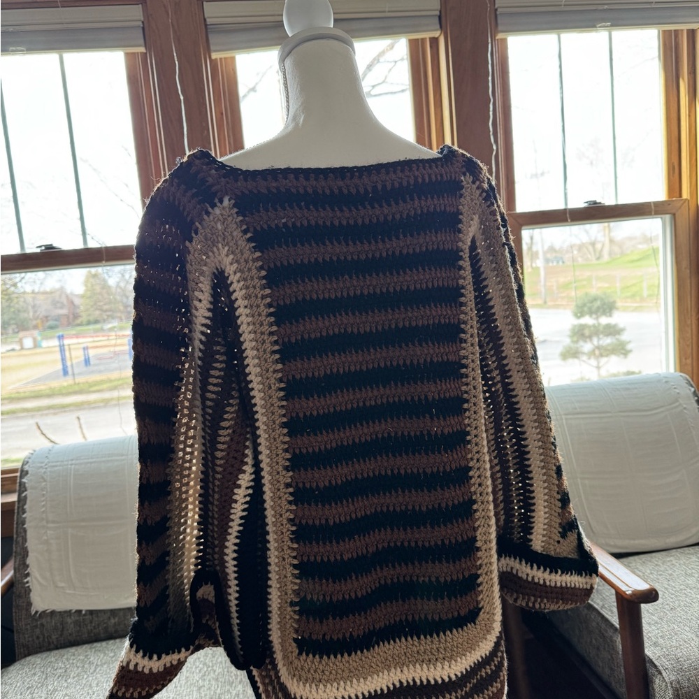 Vintage 70’s Hand Crocheted Striped Brown and Cream Sweater